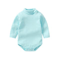 Cozy turtleneck baby bodysuit in blue, featuring a soft mock-neck, long sleeves, and convenient snap closures.