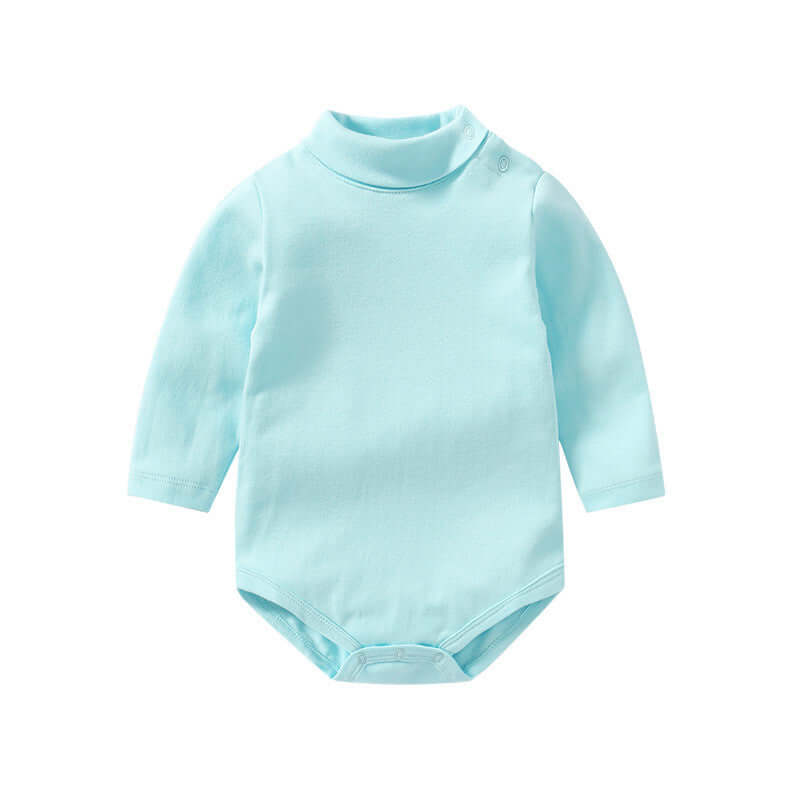 Cozy turtleneck baby bodysuit in blue, featuring a soft mock-neck, long sleeves, and convenient snap closures.