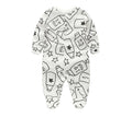 Milk & Stars cotton baby footed sleeper with playful milk bottle and star print in black-and-white design.