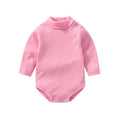 Cozy turtleneck baby bodysuit in pink with long sleeves and shoulder snaps for easy dressing.