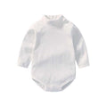 Cozy turtleneck baby bodysuit in white, featuring long sleeves and convenient shoulder snaps for easy dressing.