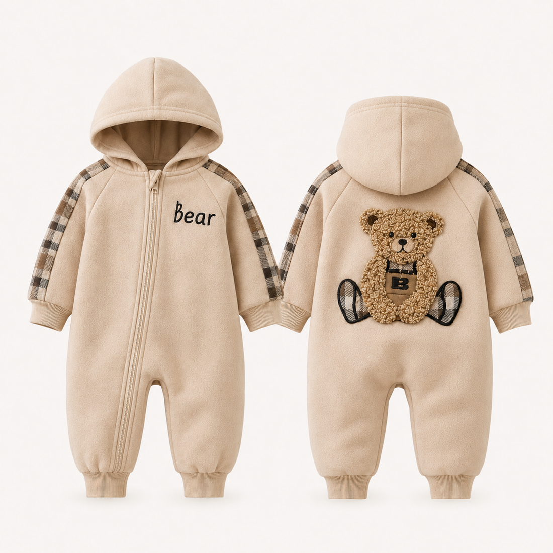Beige fleece-lined newborn hooded onesie with bear applique and plaid sleeve cuffs