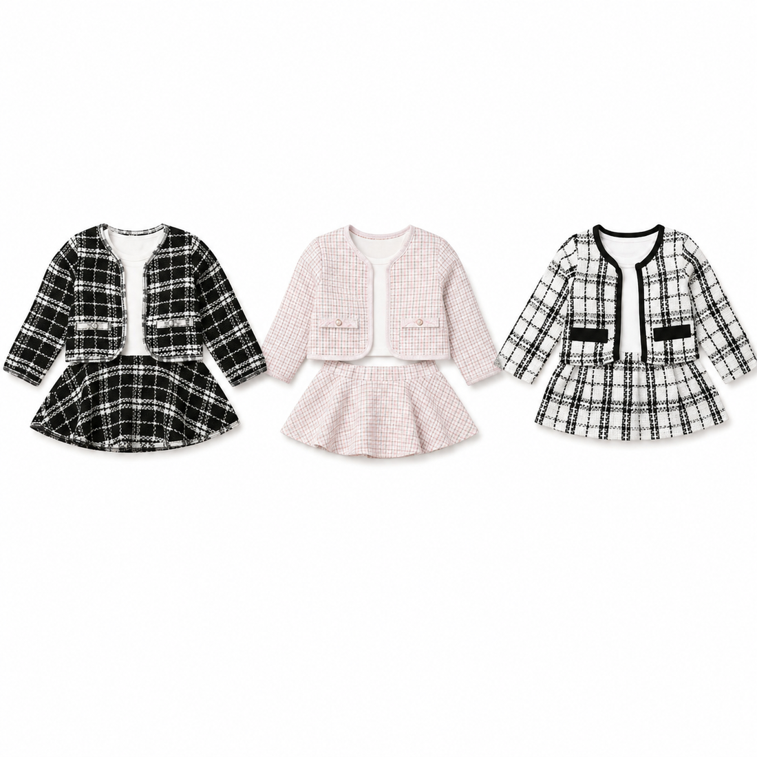 Girls long-sleeved two-piece suit set with skirt and vest; plaid and light pink styles