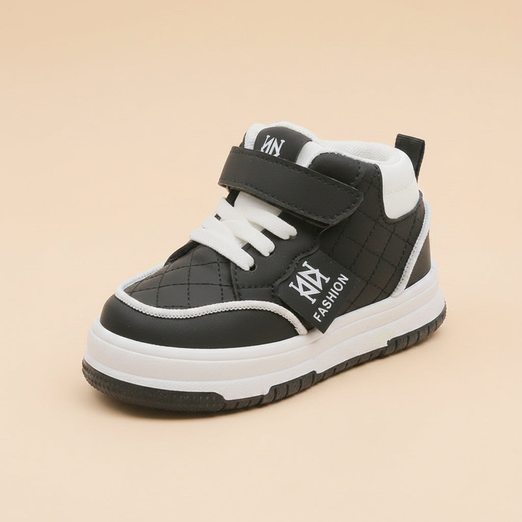Set of three children’s high-top sneakers in black, khaki, and pink